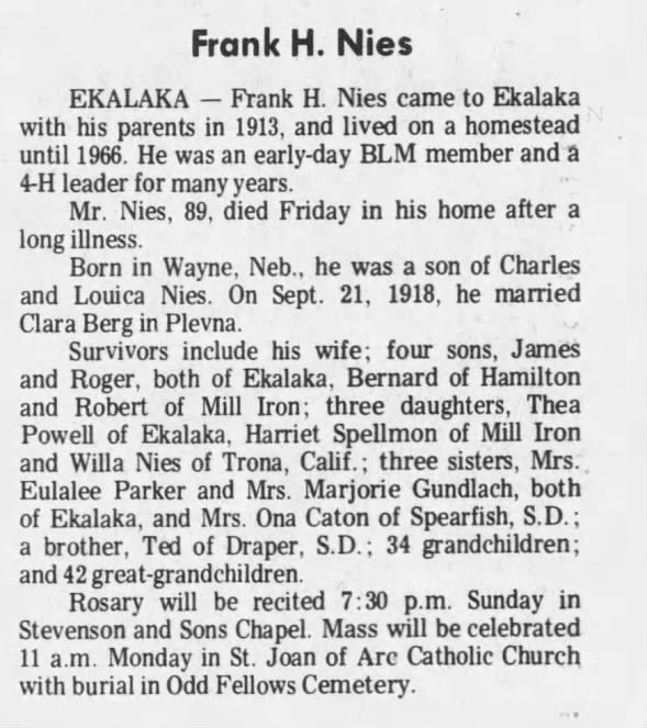 Obituary for Frank H. Nies (Aged 89)